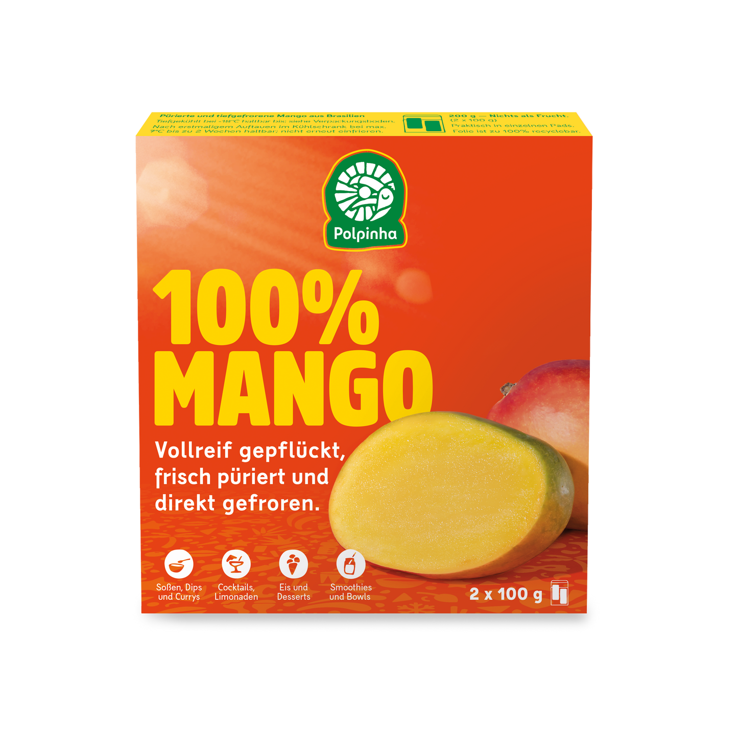 Polpinha Fruchtpüree, 100% pure Frucht, Mango. Vollreif gepflückt, frisch püriert und direkt tiefgefroren.