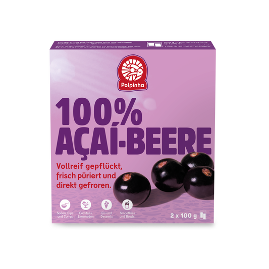 Polpinha Fruchtpüree, 100% pure Frucht, Acai-Beere. Vollreif gepflückt, frisch püriert und direkt tiefgefroren.