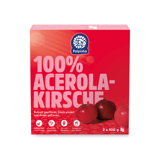 Polpinha Fruchtpüree, 100% pure Frucht, Acerola-Kirsche. Vollreif gepflückt, frisch püriert und direkt tiefgefroren.