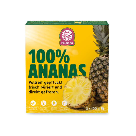 Polpinha Fruchtpüree, 100% pure Frucht, Ananas-Beere. Vollreif gepflückt, frisch püriert und direkt tiefgefroren.